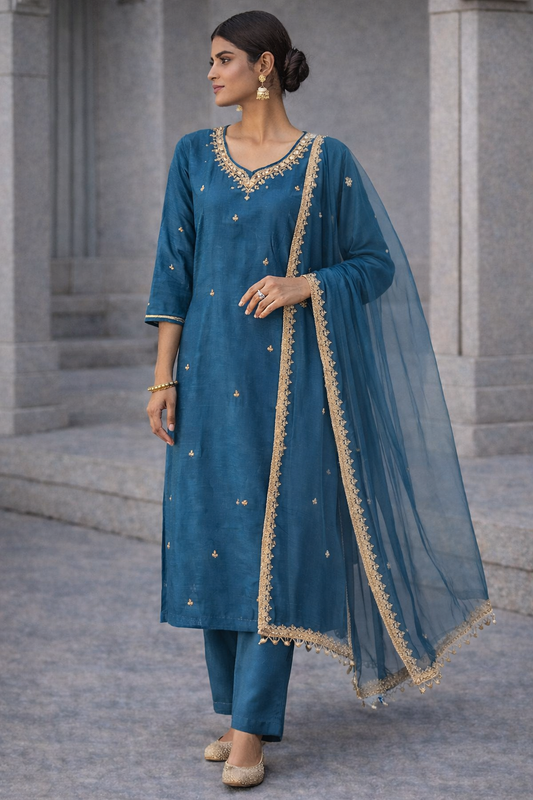 Teal Blue Embellished Straight Kurta Set with Net Dupatta