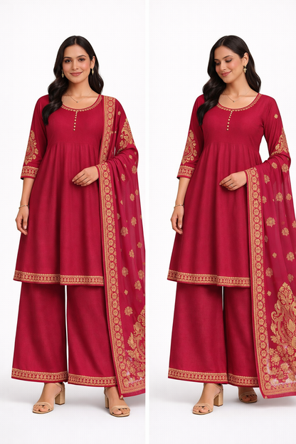 Crimson Rose Threadwork Anarkali Ensemble