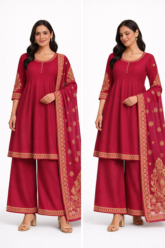 Crimson Rose Threadwork Anarkali Ensemble