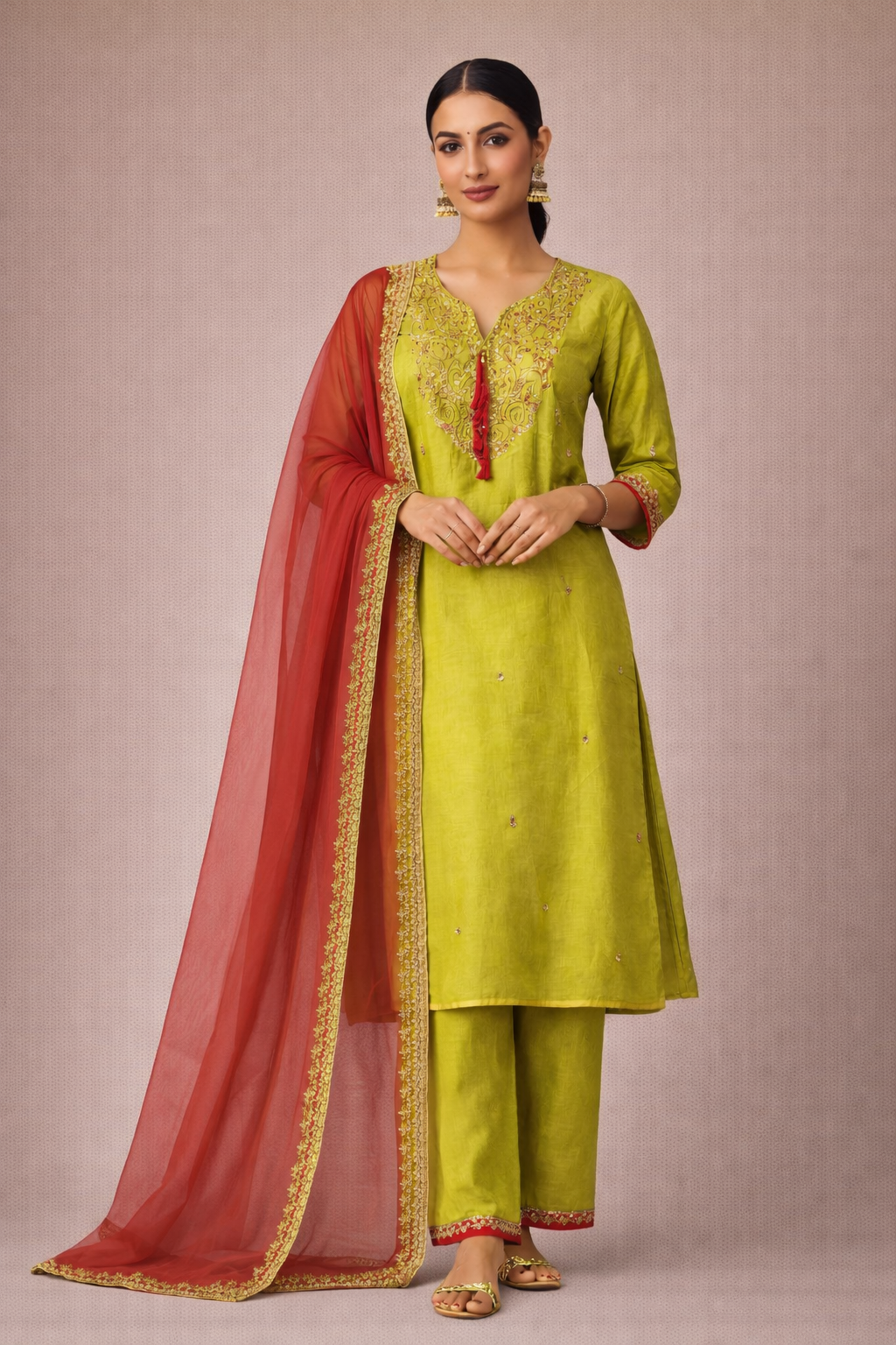 Woman wearing a green traditional outfit with a red dupatta on a beige background