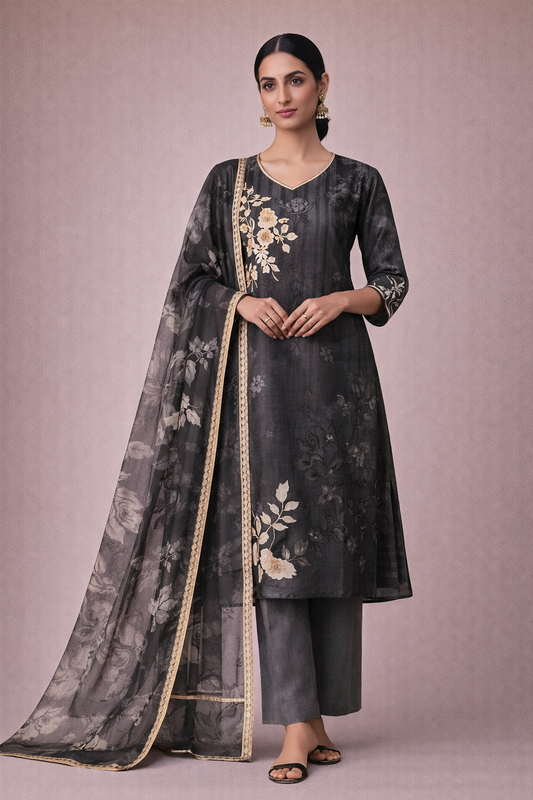 Midnight Floral Straight Kurta Set with Dupatta