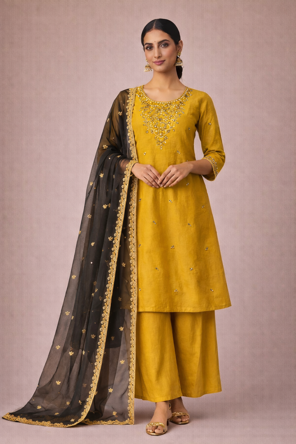 Golden Mustard Embroidered Anarkali Kurta Set with Dupatta