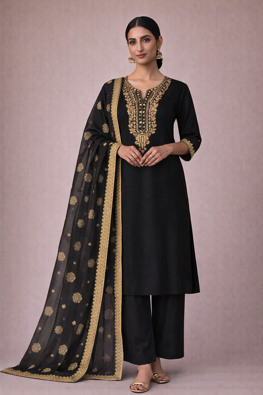 Woman wearing a black traditional outfit with gold embroidery on a pink background