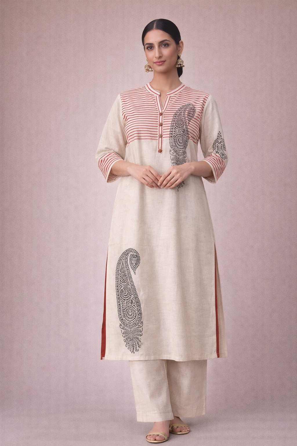 Woman wearing a cream kurta with red and black embroidery on a pink background