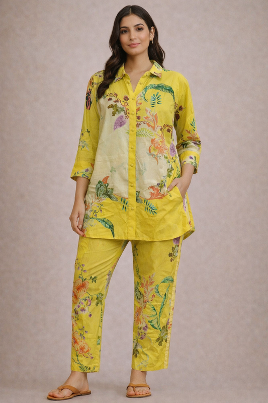 Woman wearing a yellow floral outfit on a beige background