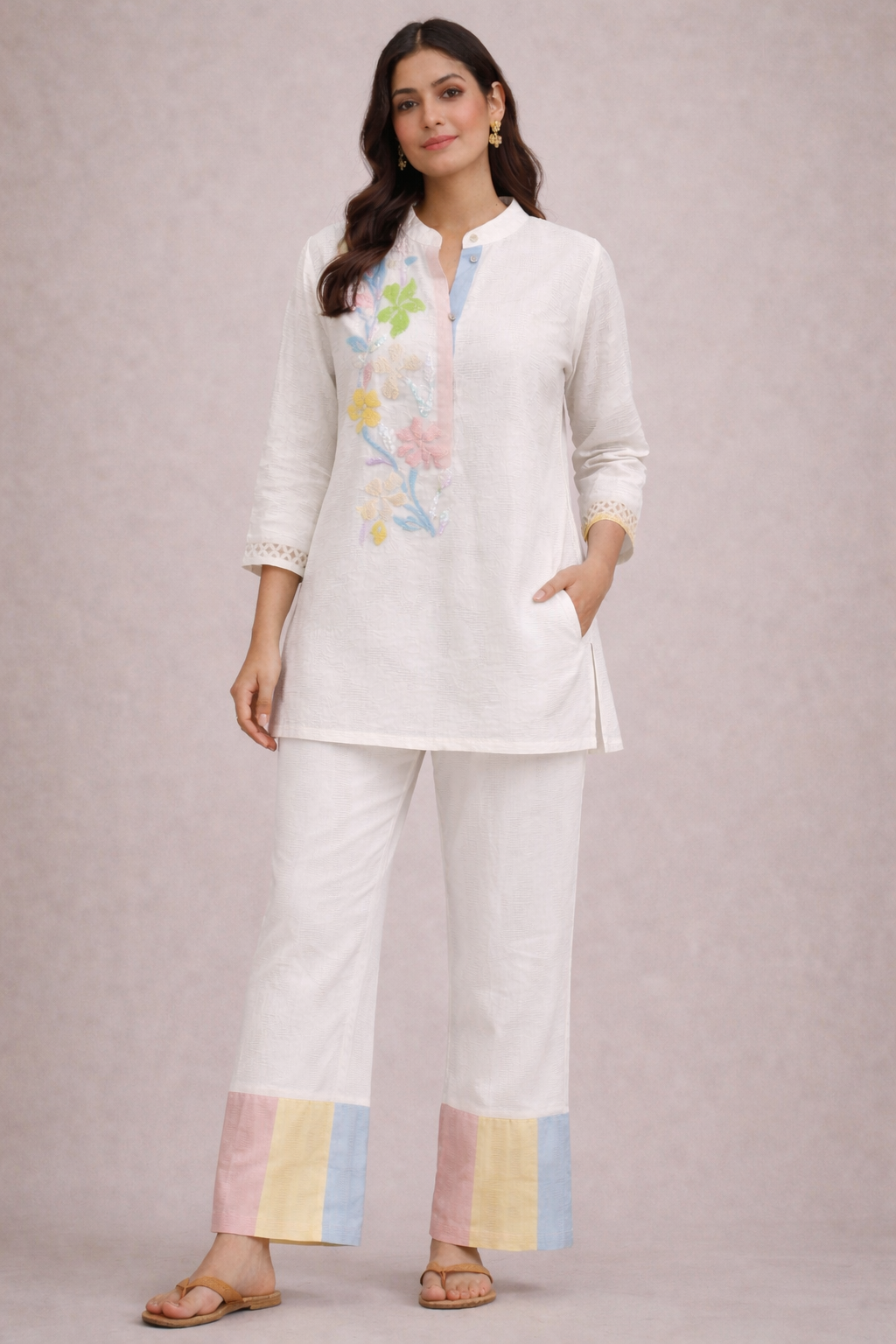 Woman wearing a white outfit with colorful accents on a light gray background