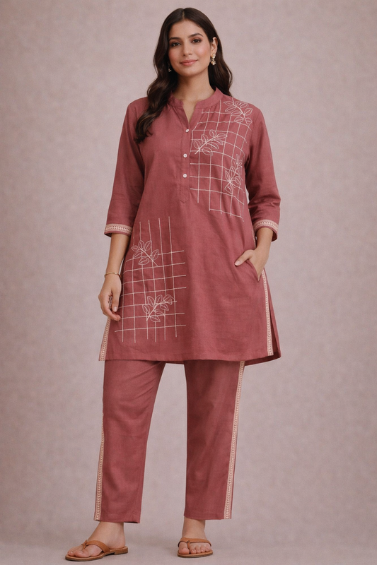 Woman wearing a maroon traditional outfit with white embroidery on a beige background