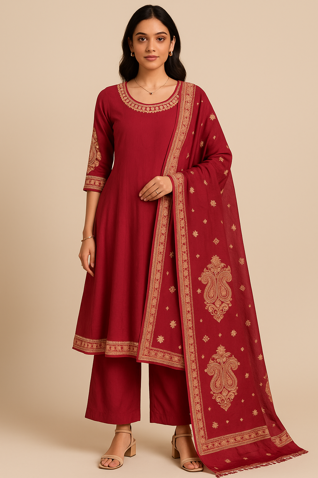 Crimson Rose Threadwork Anarkali Ensemble