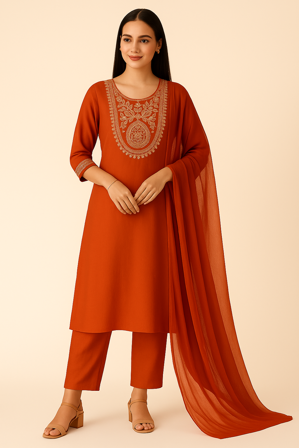 Rust Glow Embroidered Kurta Pants & Dupatta