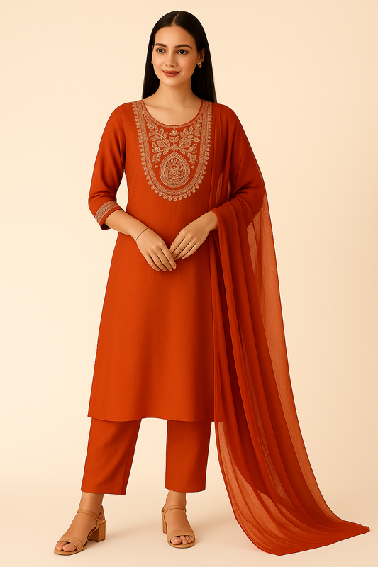 Rust Glow Embroidered Kurta Pants & Dupatta
