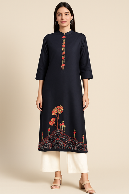 Midnight Navy Blossom Kurti