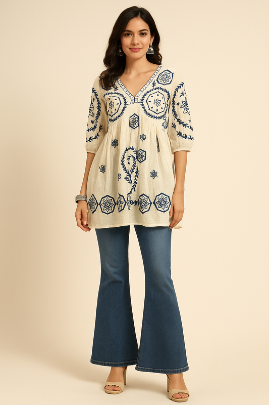 Ivory Indigo Boho Embroidered Short Kurta