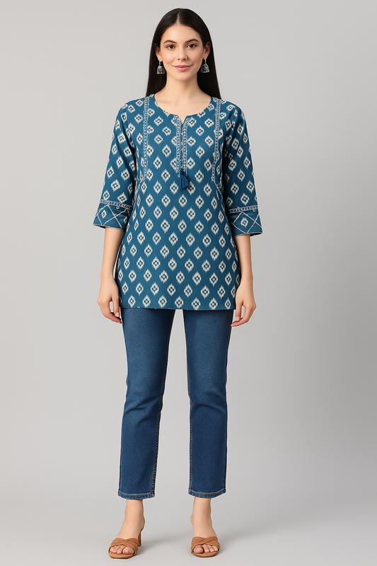 Indigo Ikat Tassel Short Kurta