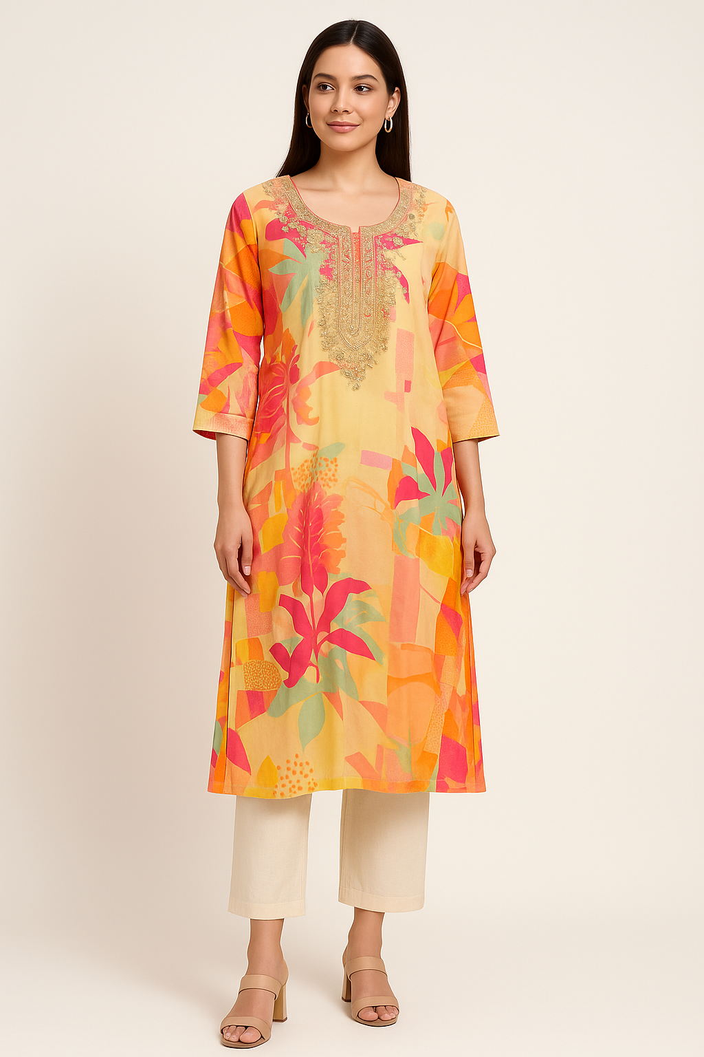 Sunset Bloom Printed Embroidered Kurta