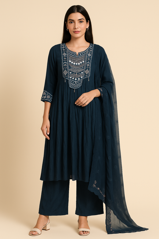 Midnight Teal Mirror Elegance Anarkali Set for Women