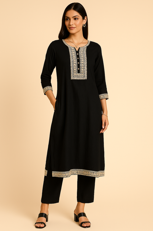 Woman wearing a black kurta with silver embroidery on a beige background