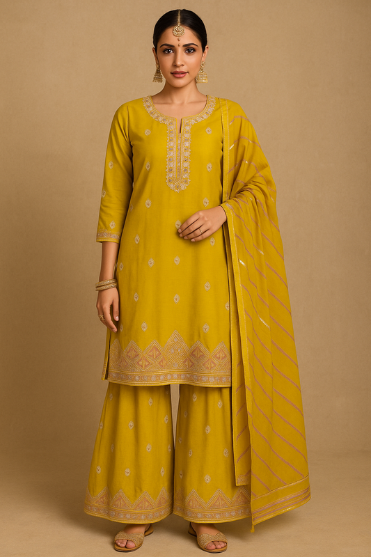 Woman wearing a yellow traditional outfit with a beige background