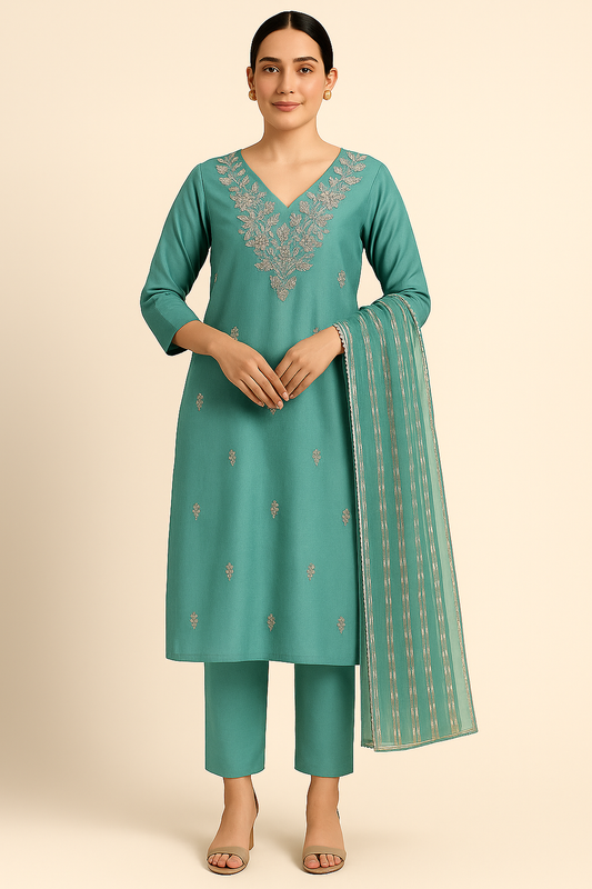 Teal Bloom Embroidered Silk-Blend Suit Set