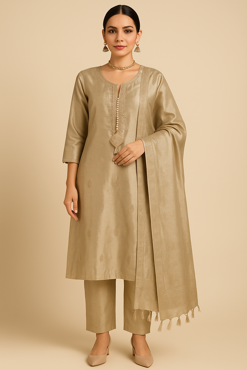 Champagne Zari Weave Kurta Set