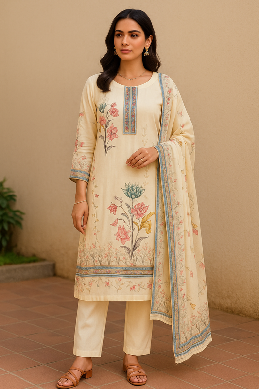 Floral Ivory Silk Kurta Set for Women