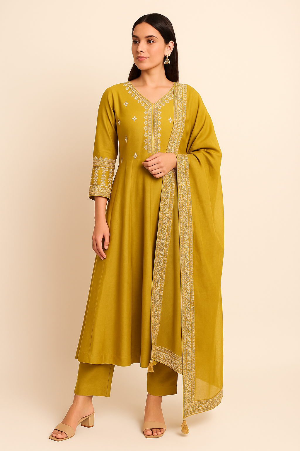 Mustard Gold Embroidered Anarkali Kurta Set with Dupatta