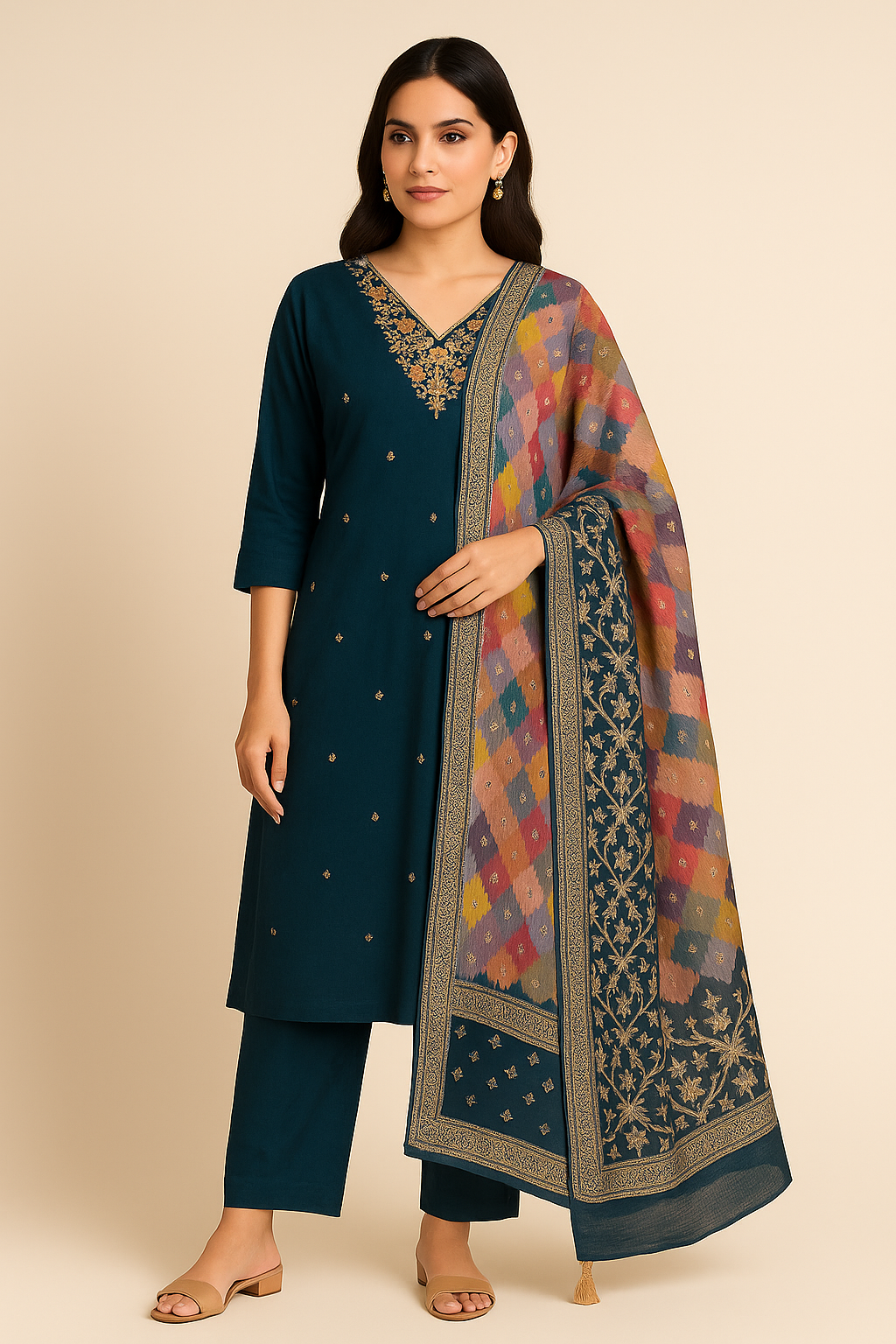 Teal Ikat Royale Embroidered Kurta Set