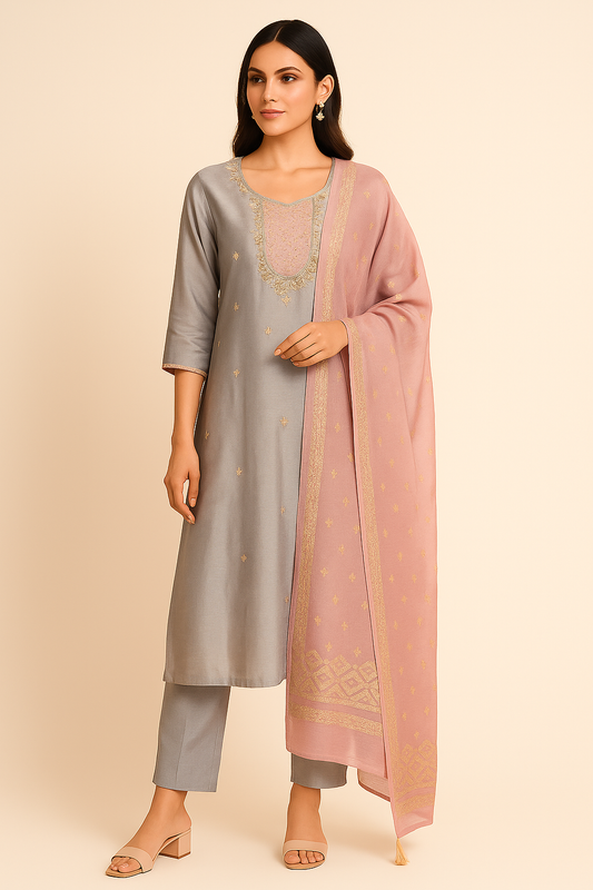 Grey & Blush Pink Embroidered Kurta Set