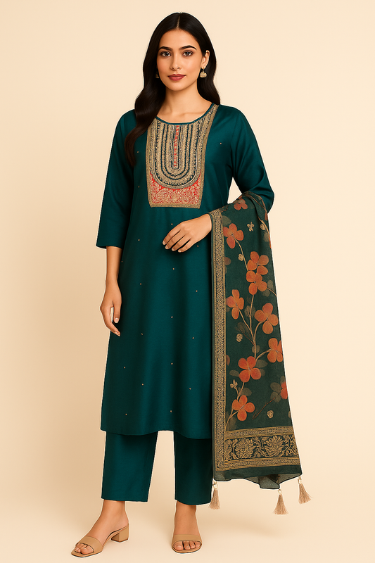 Teal Elegance Embroidered Kurta Set with Digital-Print Dupatta