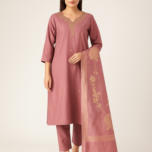 Mauve Blossom Embroidered 3-Piece Kurta Set