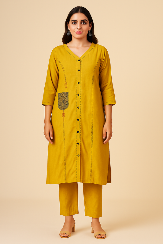 Mustard Handcrafted Thread-Detail Kurta Set