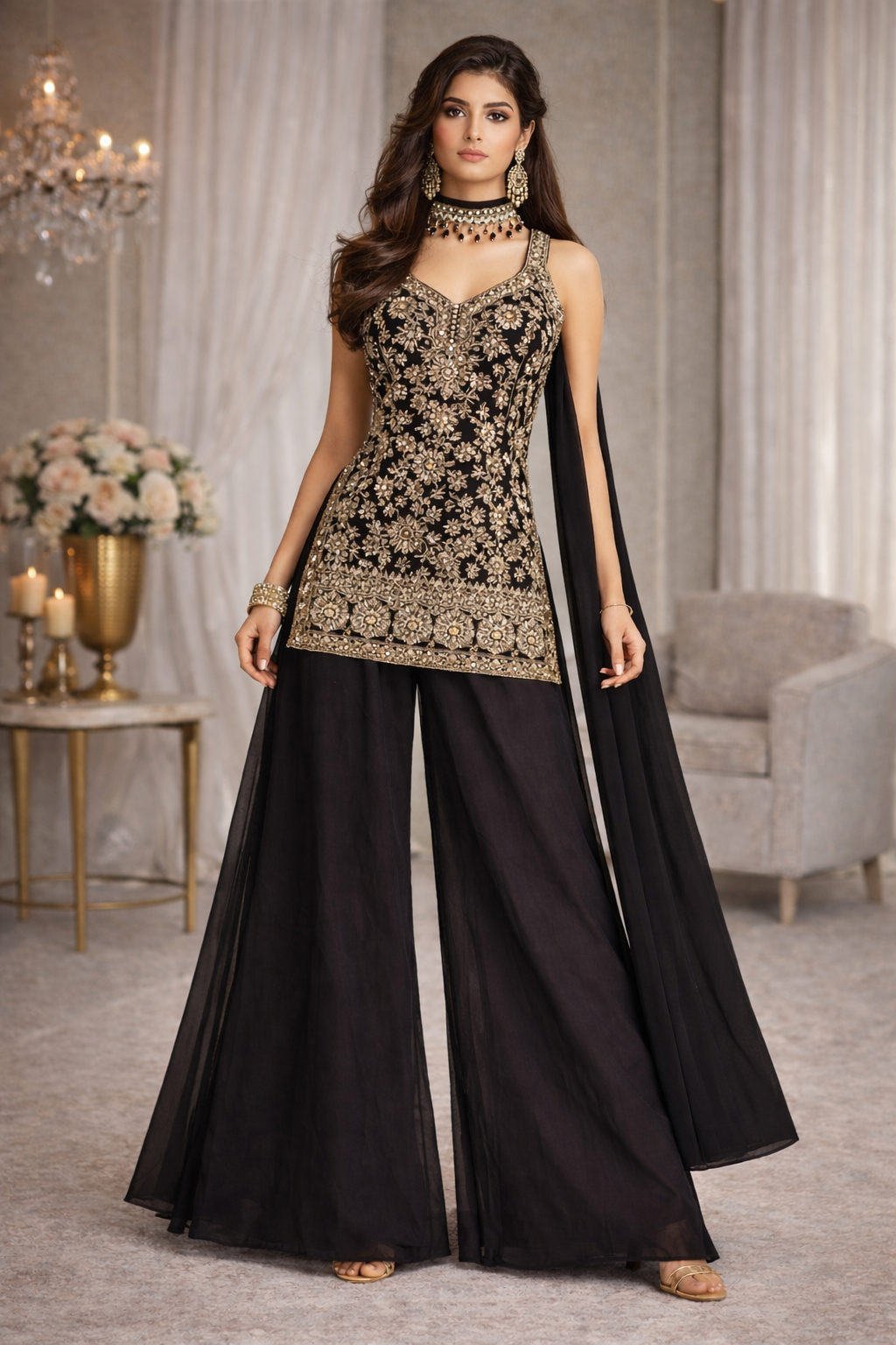 Midnight Noir Indo-Western Embroidered Palazzo Set