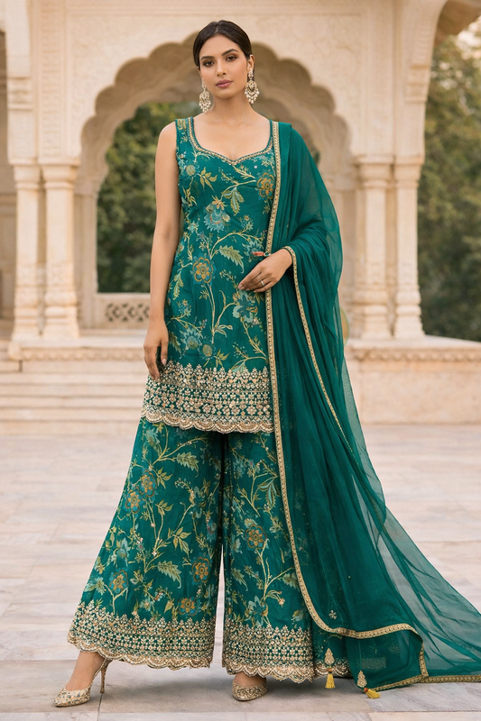 Emerald Garden Heavy Embroidered Palazzo Suit