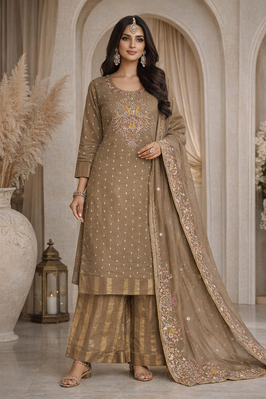 Peacock Zari Taupe Pashmina Kurta Set