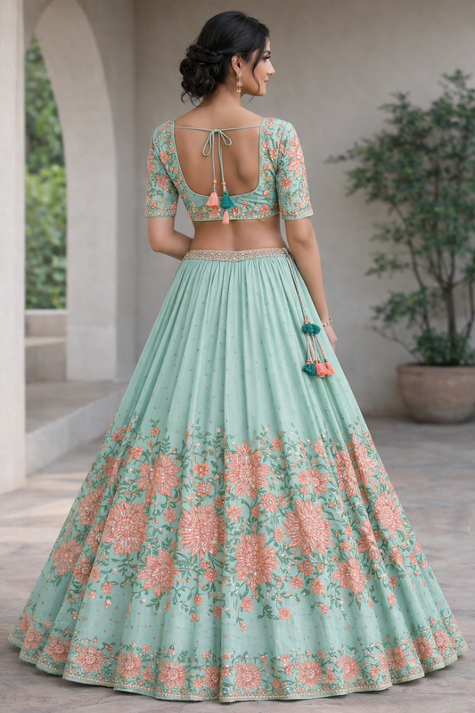 Pastel Blue Blossom Lehenga Set with Dupatta