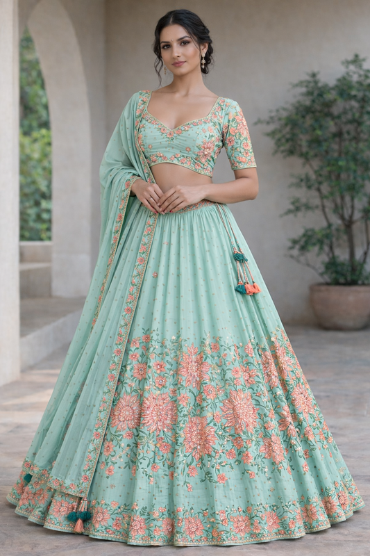 Pastel Blue Blossom Lehenga Set with Dupatta
