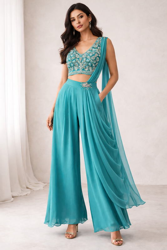 Teal Green Leafwork Palazzo Set with Draped Dupatta