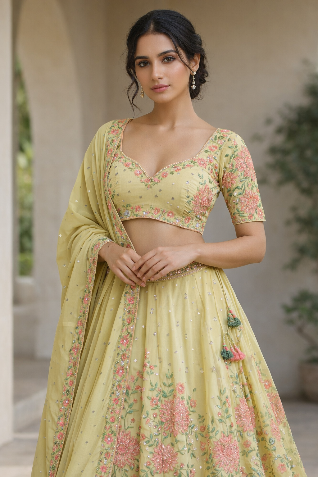 Pastel Lime Blossom Lehenga Set with Dupatta