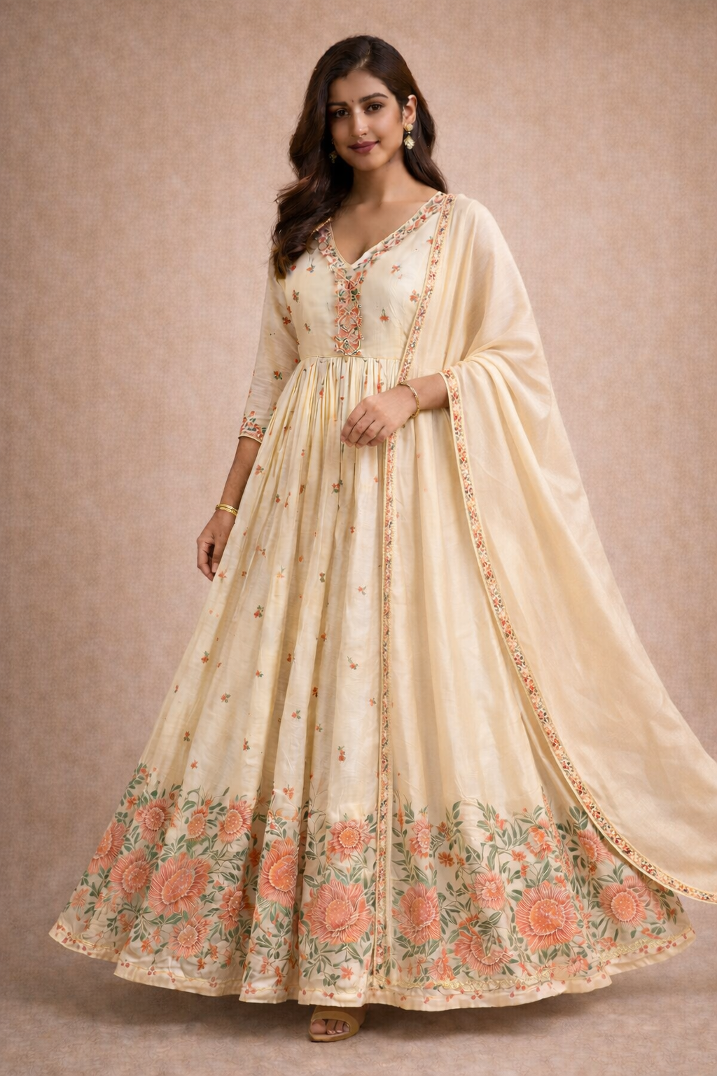 Ivory Blossom Tissue Silk Anarkali Set (2-Piece)