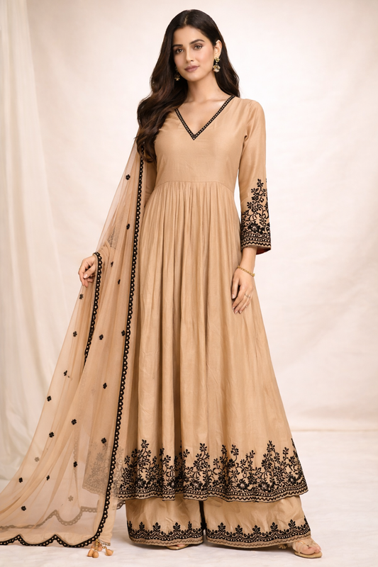 Sandstone Noir Anarkali Suit Set (3-Piece)