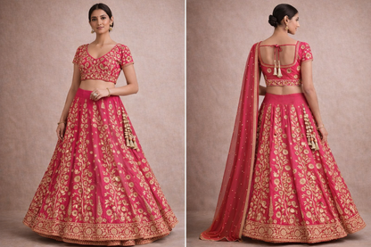 Royal Pink Floral Lehanga Choli Set (3-Piece)
