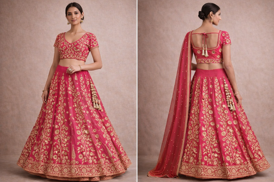 Royal Pink Floral Lehanga Choli Set (3-Piece)