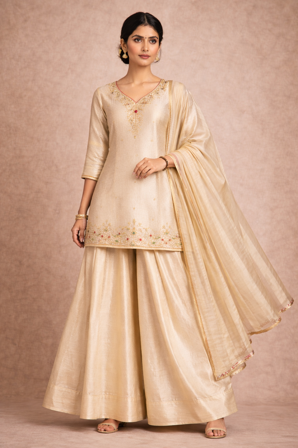 Champagne Elegance Short Kurta Skirt Set (3-Piece)