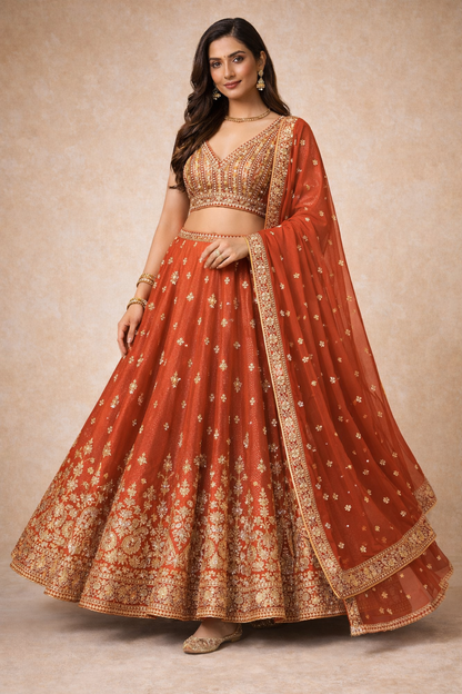 Rust Radiance Lehenga Choli Set (3-Piece)