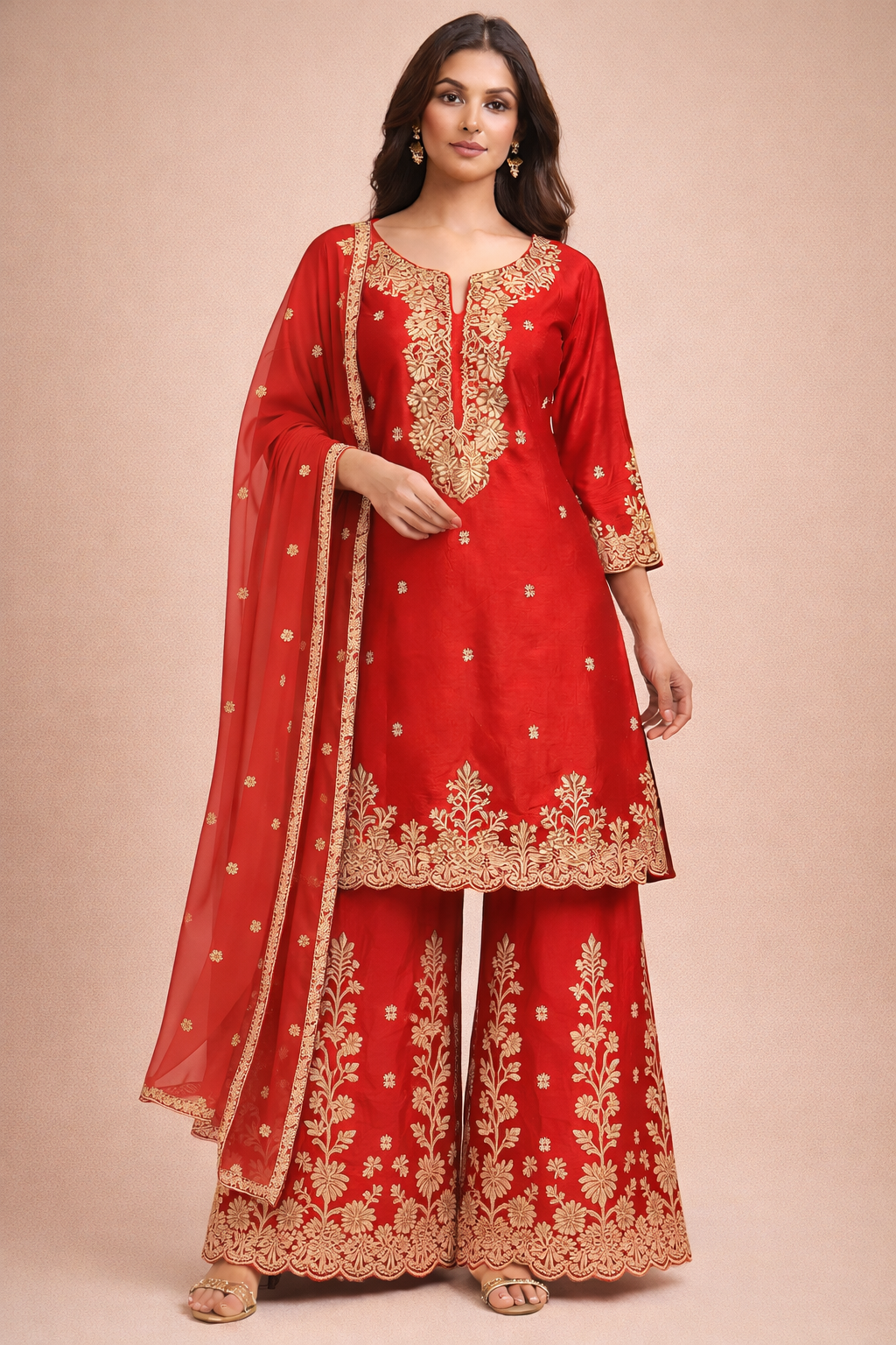 Scarlet Red Embroidered Kurta Set – 3 Piece (Kurta, Sharara & Dupatta)