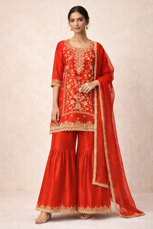 Vibrant Orange Embroidered Kurta Set – 3 Piece (Kurta, Gharara Pants & Dupatta)