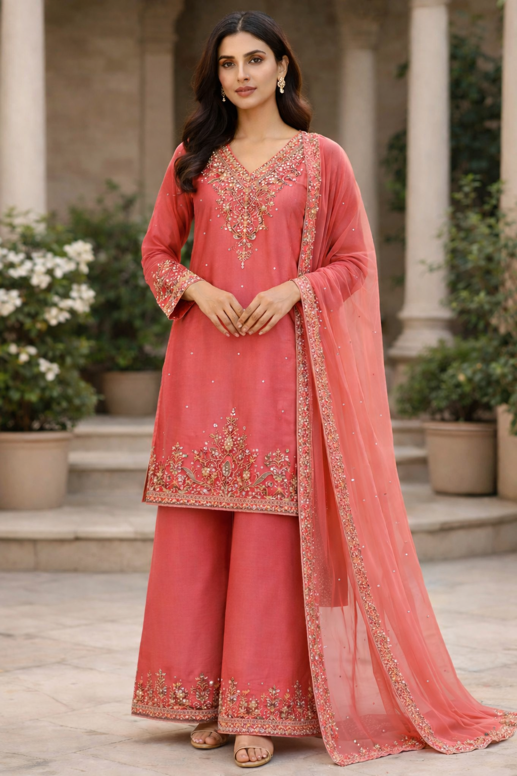 Blush Pink Embroidered Kurta Set – 3 Piece (Kurta, Wide Pants & Dupatta)