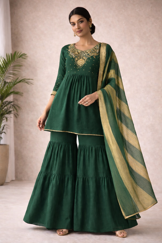 Emerald Green Short Kurta Set – 3 Piece (Kurta, Sharara & Dupatta)