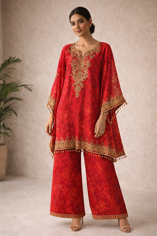 Blush Pink Embroidered Kaftan Kurta Set – 2 Piece (Kaftan Kurta & Plazo)