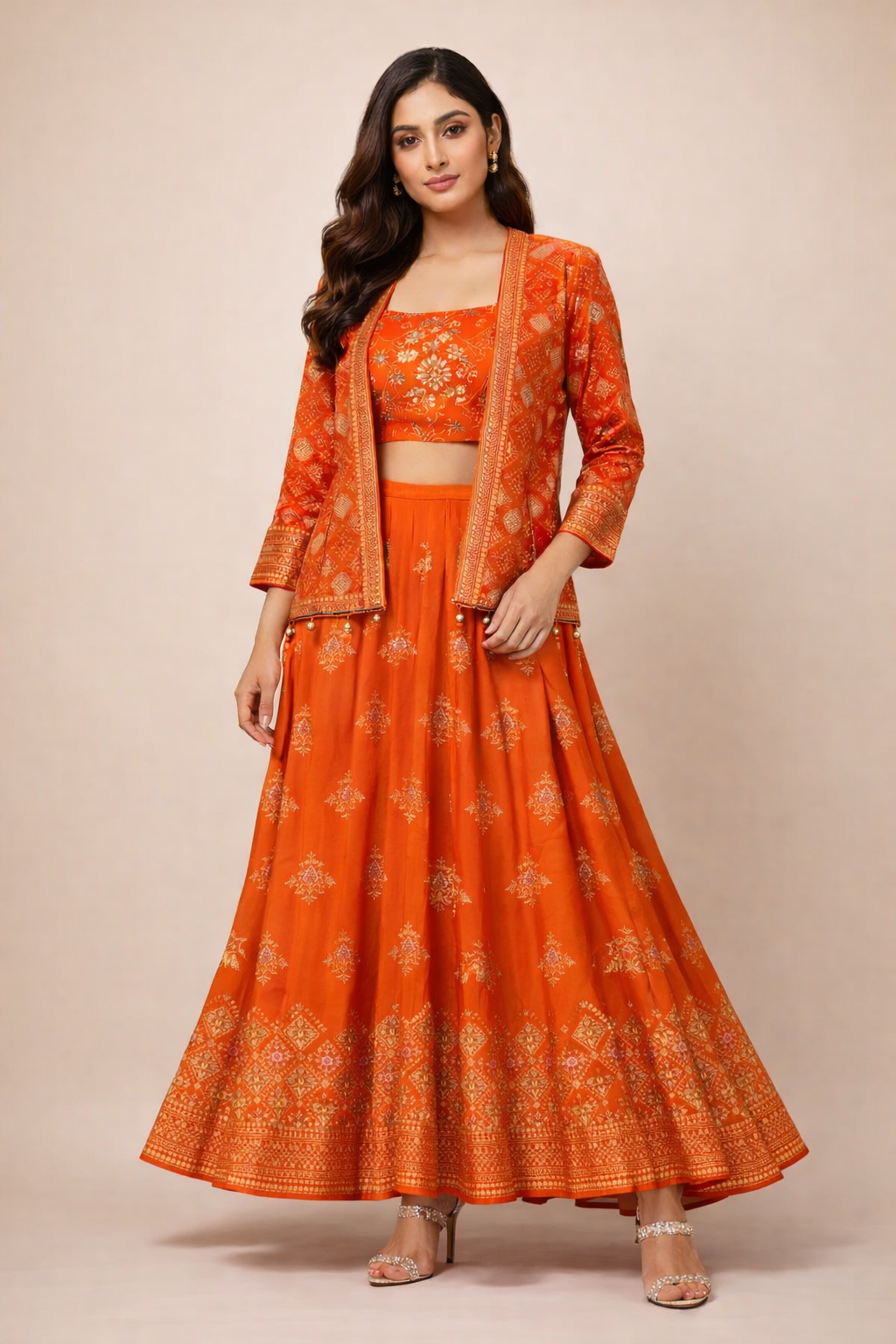 Orange Embroidered Jacket &amp; Lehenga Set (3-Piece)