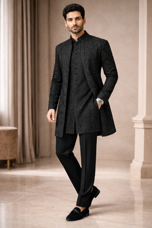 Midnight Black Embroidered Sherwani Set